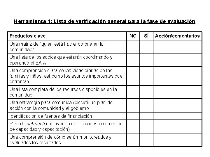 Herramienta 1: Lista de verificación general para la fase de evaluación Productos clave Una