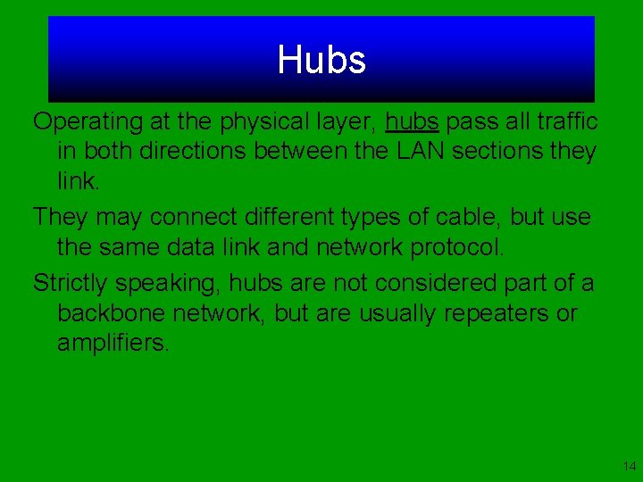 Hubs Operating at the physical layer, hubs pass all traffic in both directions between