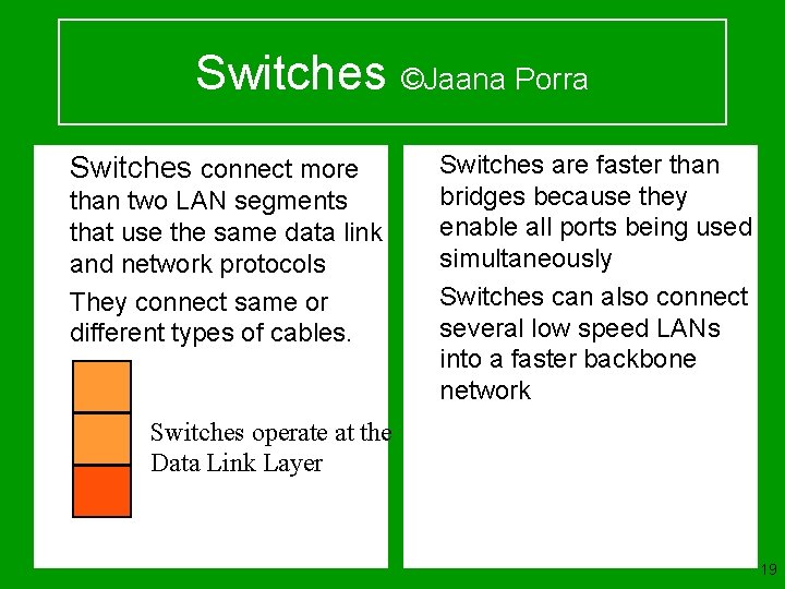 Switches ©Jaana Porra u Switches connect more u than two LAN segments that use