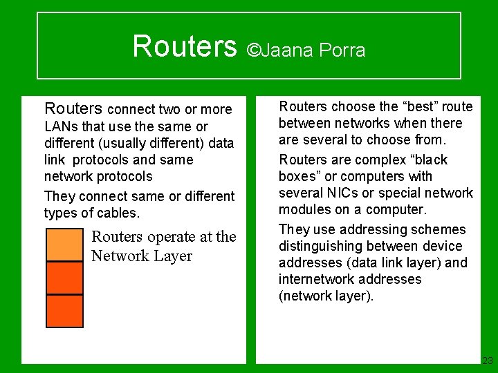 Routers ©Jaana Porra u u Routers connect two or more LANs that use the