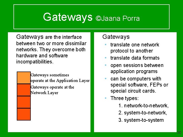 Gateways ©Jaana Porra u Gateways are the interface between two or more dissimilar networks.