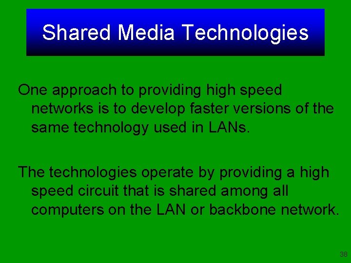 Shared Media Technologies One approach to providing high speed networks is to develop faster
