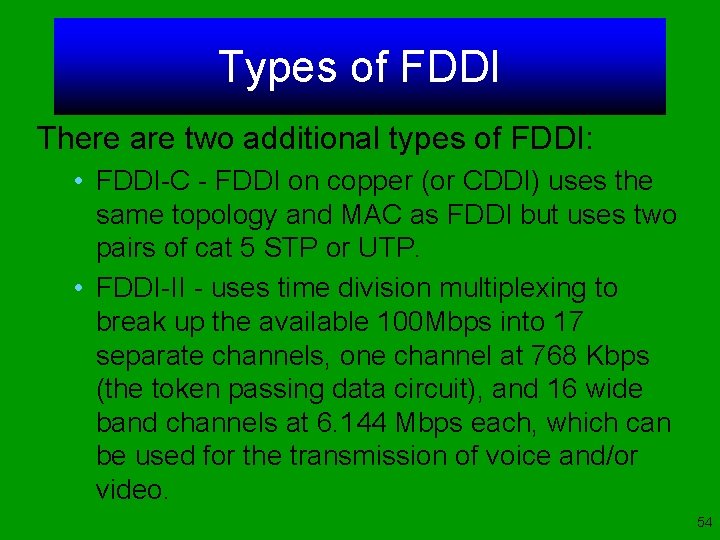 Types of FDDI There are two additional types of FDDI: • FDDI-C - FDDI