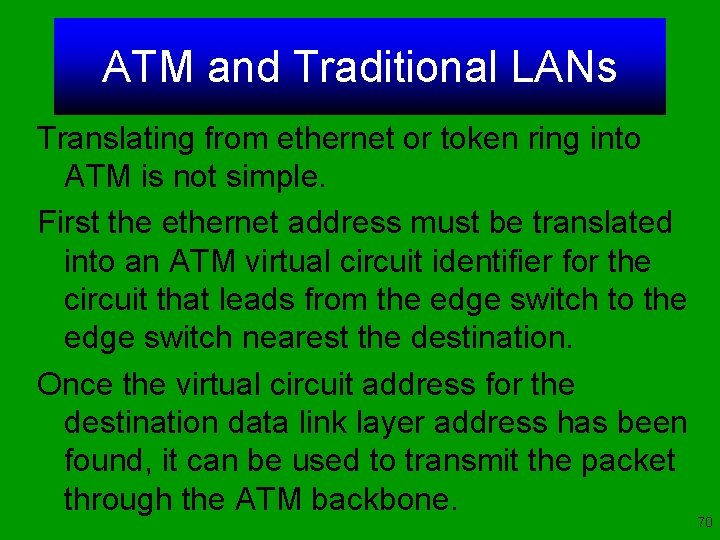 ATM and Traditional LANs Translating from ethernet or token ring into ATM is not