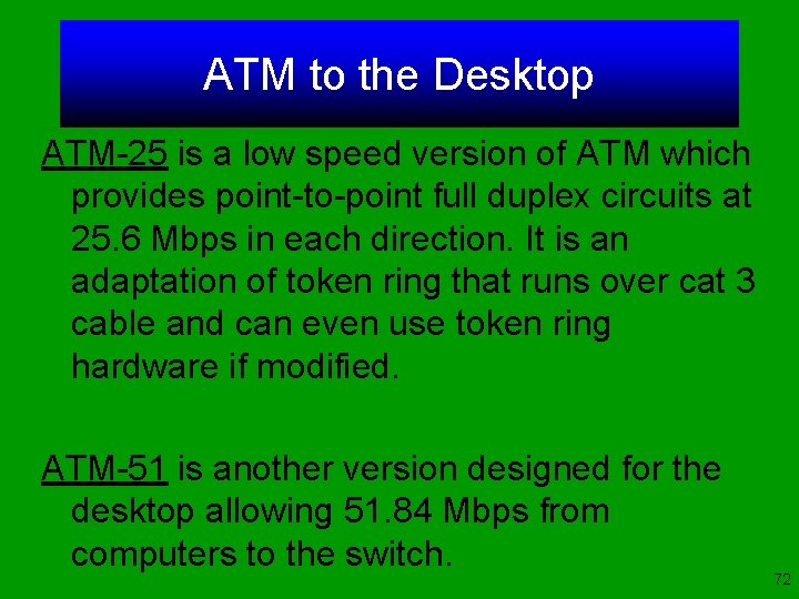 ATM to the Desktop ATM-25 is a low speed version of ATM which provides