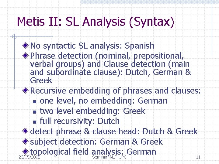 Metis II: SL Analysis (Syntax) No syntactic SL analysis: Spanish Phrase detection (nominal, prepositional,