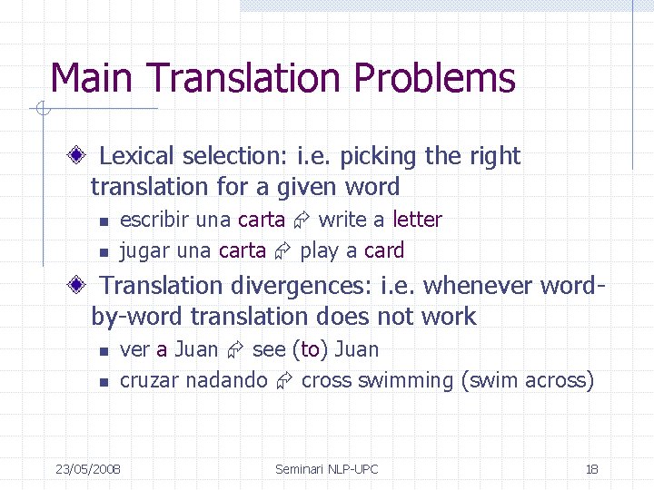 Main Translation Problems Lexical selection: i. e. picking the right translation for a given