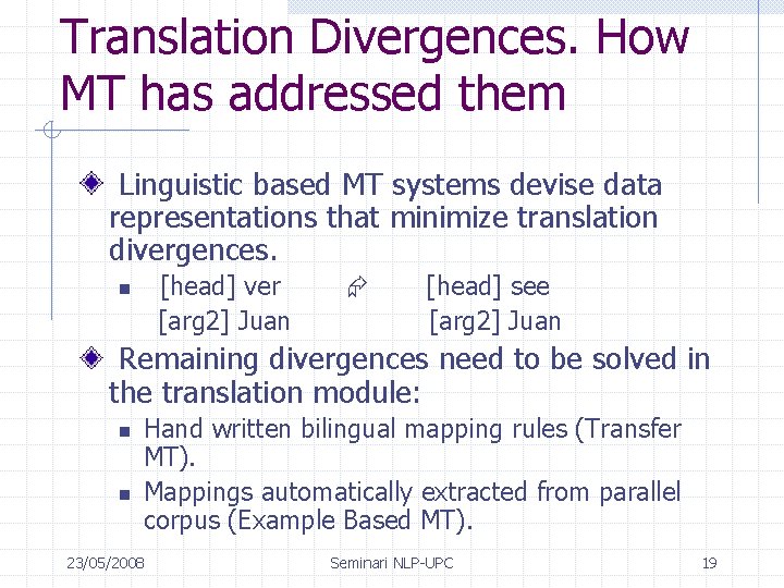 Translation Divergences. How MT has addressed them Linguistic based MT systems devise data representations