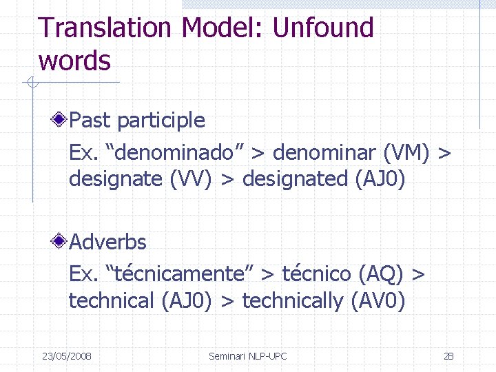 Translation Model: Unfound words Past participle Ex. “denominado” > denominar (VM) > designate (VV)