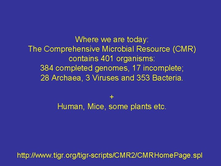 Where we are today: The Comprehensive Microbial Resource (CMR) contains 401 organisms: 384 completed