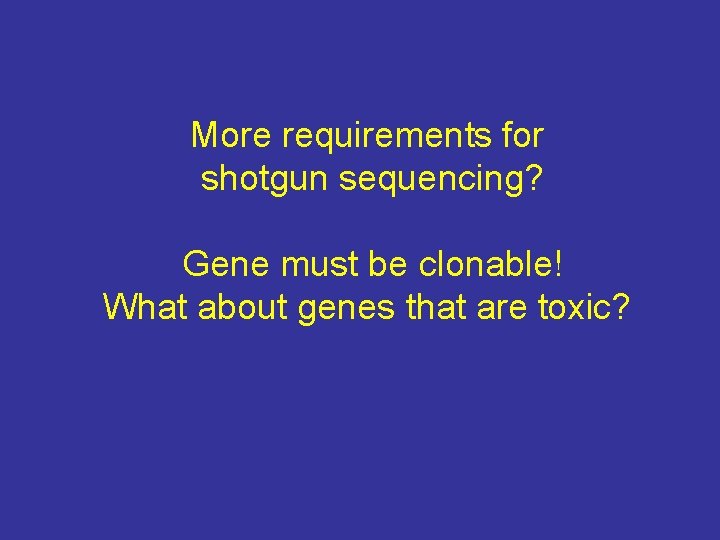 More requirements for shotgun sequencing? Gene must be clonable! What about genes that are