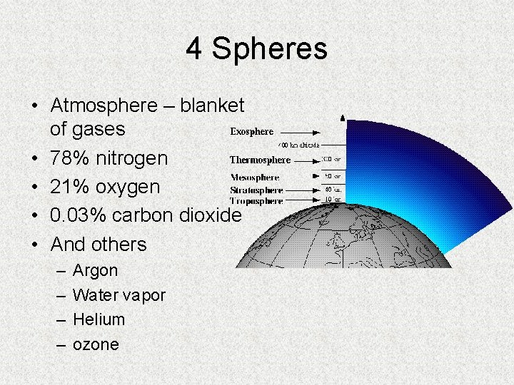 4 Spheres • Atmosphere – blanket of gases • 78% nitrogen • 21% oxygen