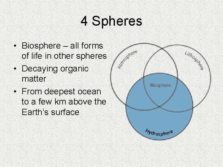 4 Spheres • Biosphere – all forms of life in other spheres • Decaying