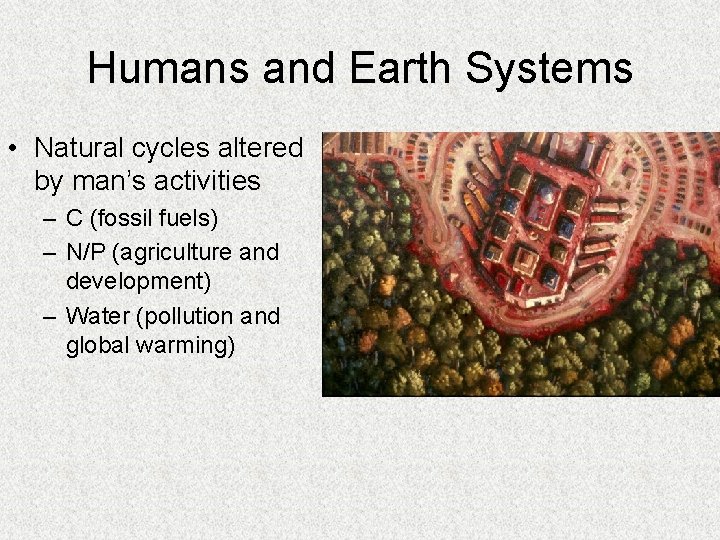 Humans and Earth Systems • Natural cycles altered by man’s activities – C (fossil