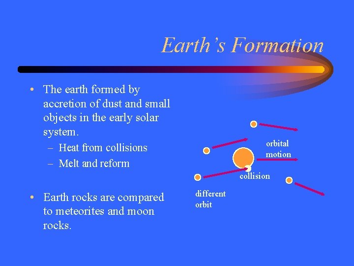 Earth’s Formation • The earth formed by accretion of dust and small objects in