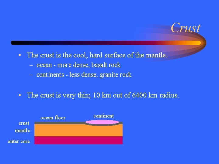 Crust • The crust is the cool, hard surface of the mantle. – ocean