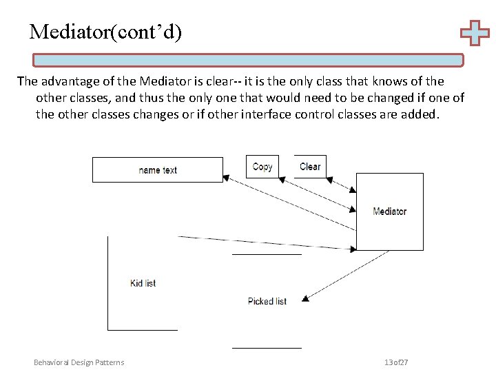 Mediator(cont’d) The advantage of the Mediator is clear-- it is the only class that