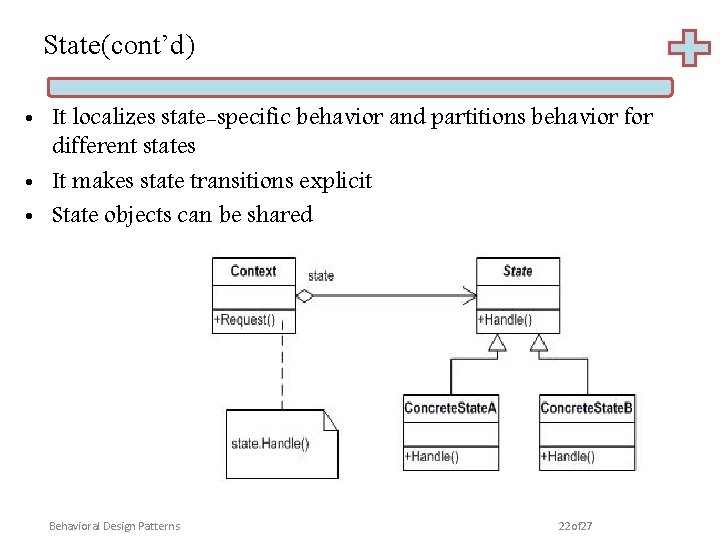 State(cont’d) • It localizes state-specific behavior and partitions behavior for different states • It