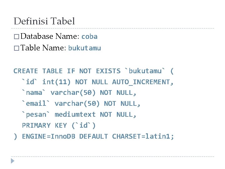 Definisi Tabel � Database Name: coba � Table Name: bukutamu CREATE TABLE IF NOT