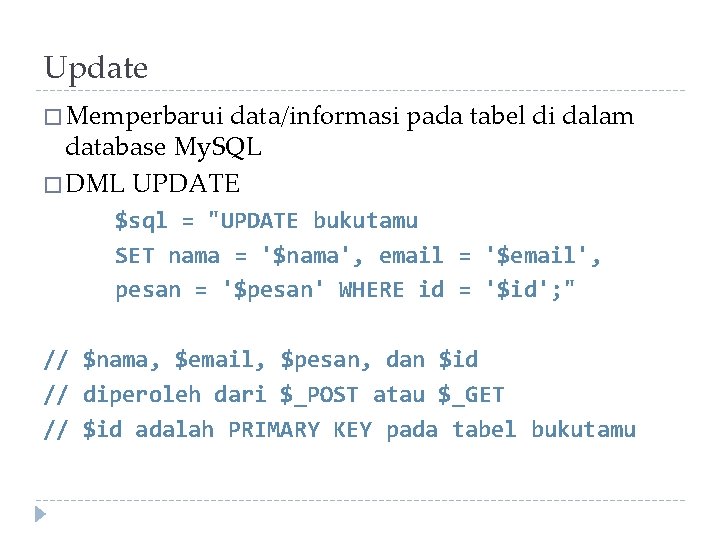 Update � Memperbarui data/informasi pada tabel di dalam database My. SQL � DML UPDATE
