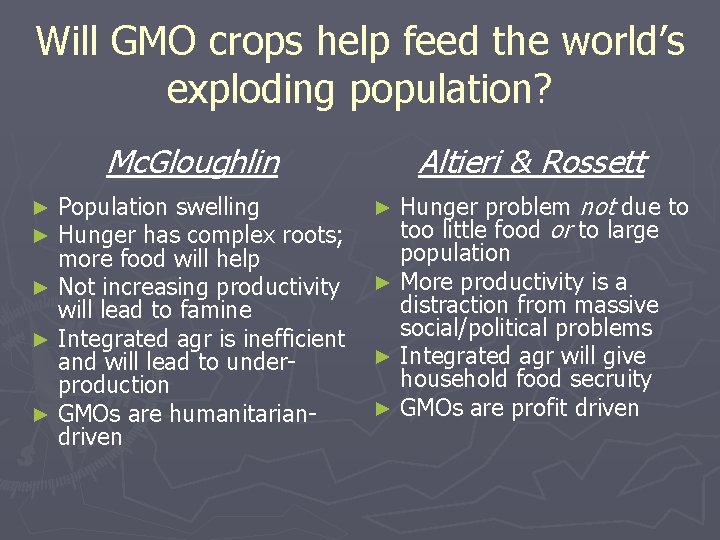Will GMO crops help feed the world’s exploding population? Mc. Gloughlin Population swelling Hunger