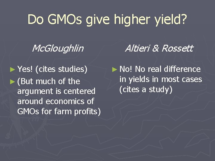 Do GMOs give higher yield? Mc. Gloughlin ► Yes! (cites studies) ► (But much