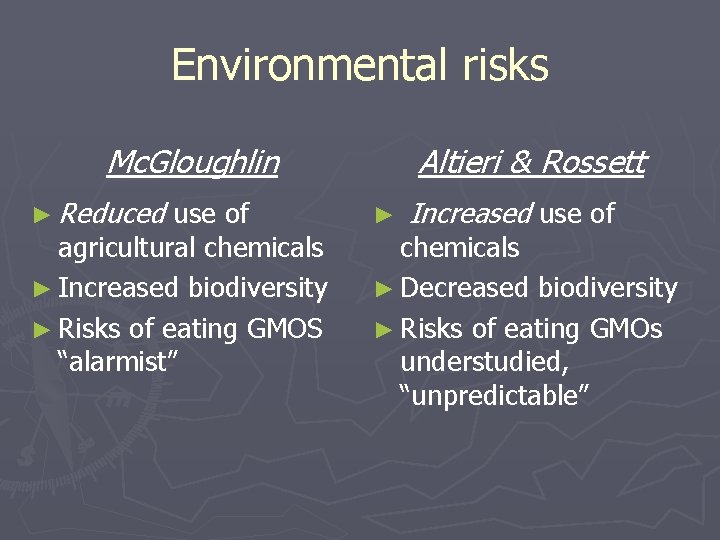 Environmental risks Mc. Gloughlin ► Reduced use of agricultural chemicals ► Increased biodiversity ►
