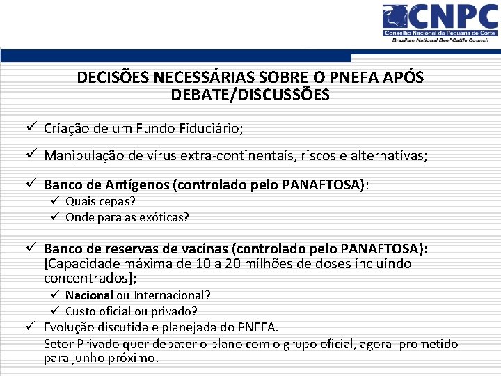 DECISÕES NECESSÁRIAS SOBRE O PNEFA APÓS DEBATE/DISCUSSÕES ü Criação de um Fundo Fiduciário; ü