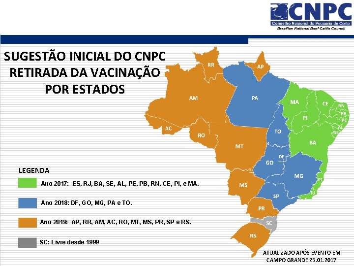 SUGESTÃO INICIAL DO CNPC RETIRADA DA VACINAÇÃO POR ESTADOS LEGENDA Ano 2017: ES, RJ,