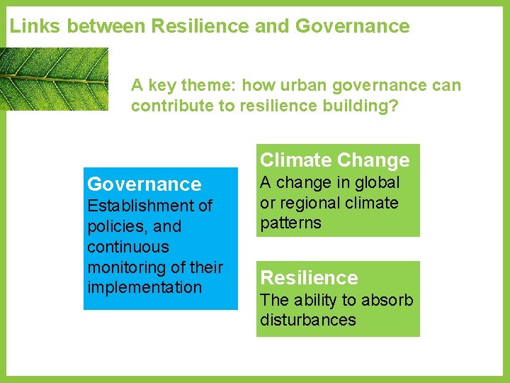 Links between Resilience and Governance A key theme: how urban governance can contribute to