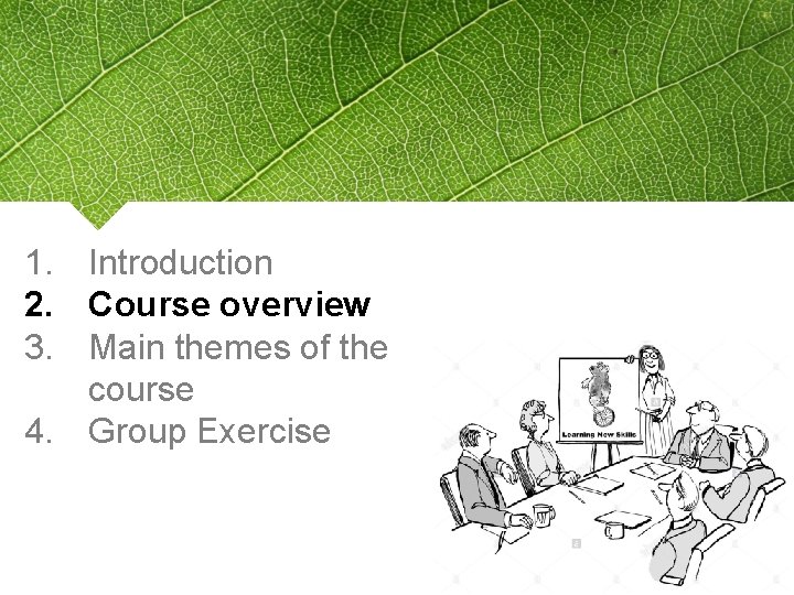 1. Introduction 2. Course overview 3. Main themes of the course 4. Group Exercise