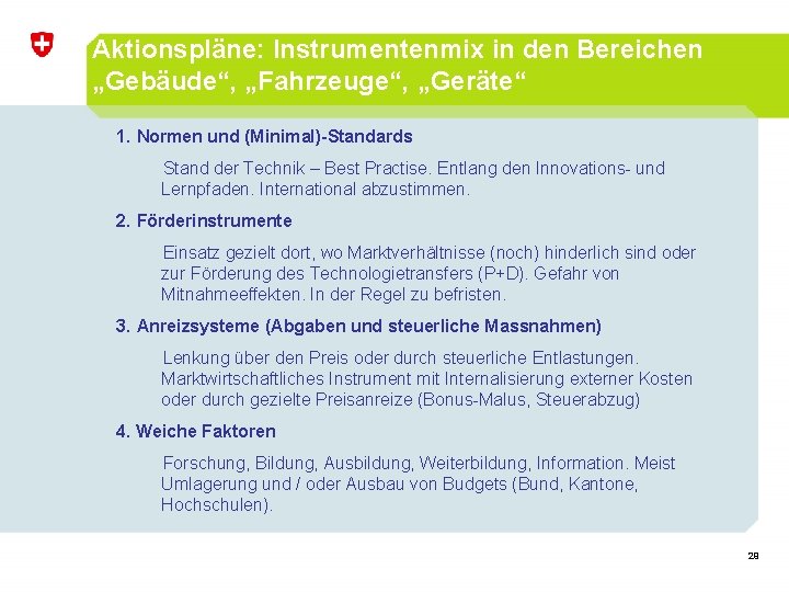 Aktionspläne: Instrumentenmix in den Bereichen „Gebäude“, „Fahrzeuge“, „Geräte“ 1. Normen und (Minimal)-Standards Stand der