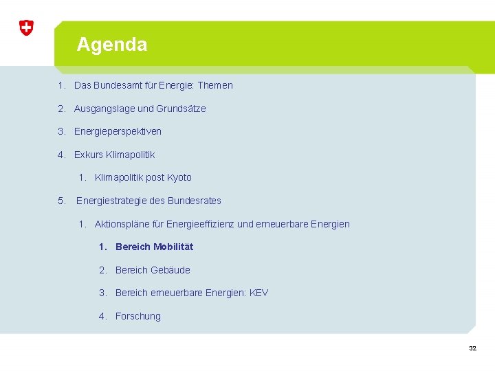 Agenda 1. Das Bundesamt für Energie: Themen 2. Ausgangslage und Grundsätze 3. Energieperspektiven 4.