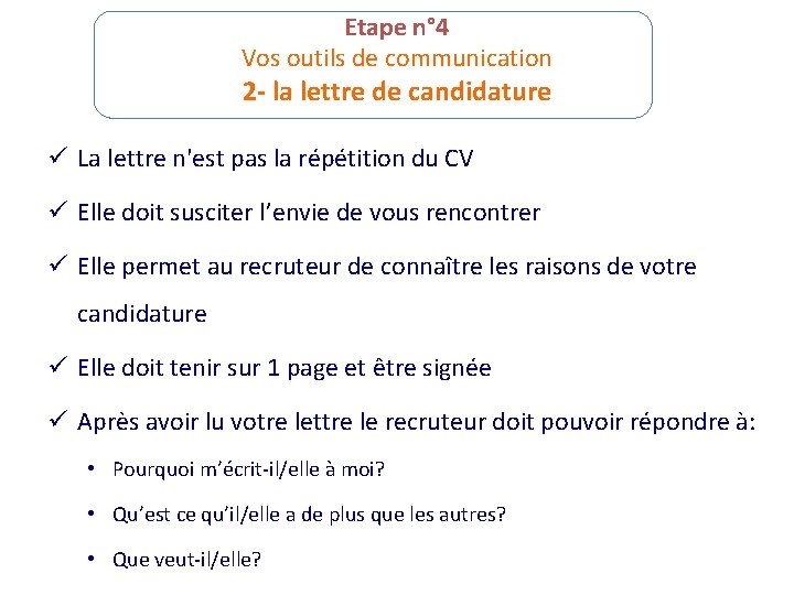 Etape n° 4 Vos outils de communication 2 - la lettre de candidature ü