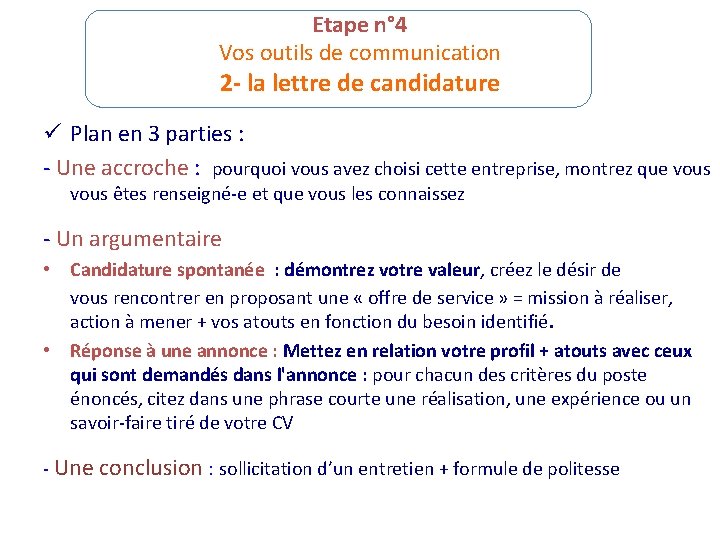 Etape n° 4 Vos outils de communication 2 - la lettre de candidature ü