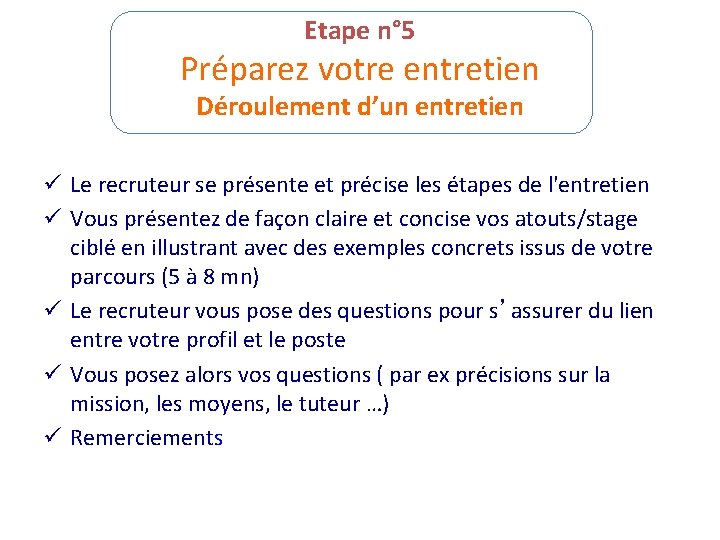 Etape n° 5 Préparez votre entretien Déroulement d’un entretien ü Le recruteur se présente