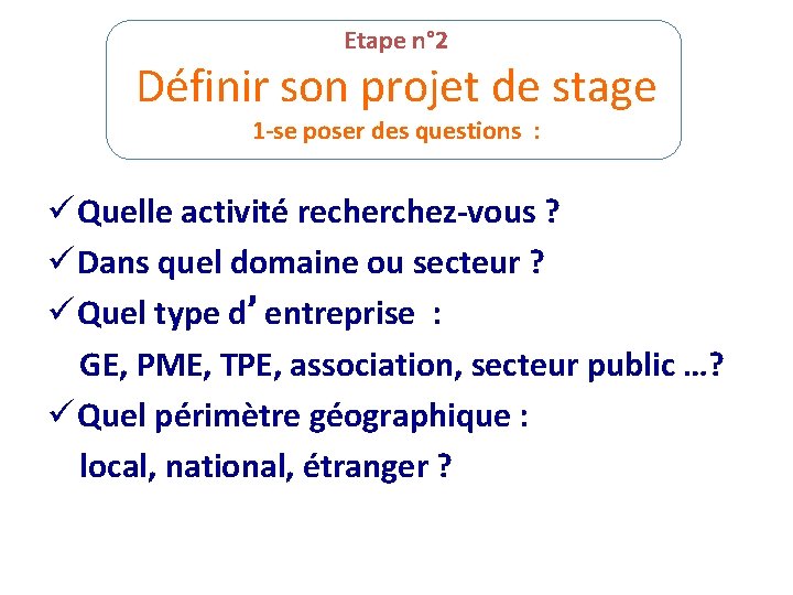 Etape n° 2 Définir son projet de stage 1 -se poser des questions :