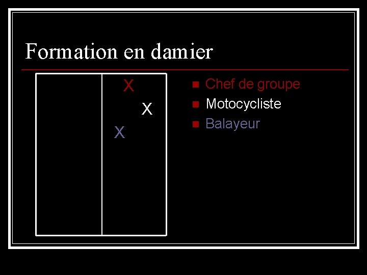 Formation en damier X n X X n n Chef de groupe Motocycliste Balayeur
