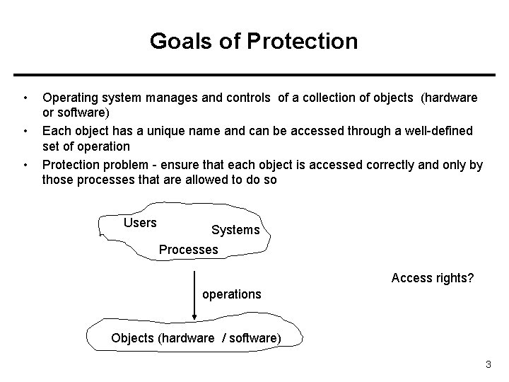 Goals of Protection • • • Operating system manages and controls of a collection