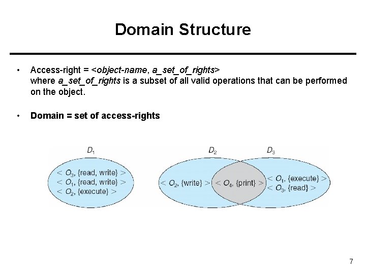 Domain Structure • Access-right = <object-name, a_set_of_rights> where a_set_of_rights is a subset of all