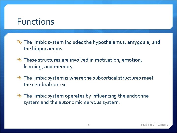 Functions The limbic system includes the hypothalamus, amygdala, and the hippocampus. These structures are
