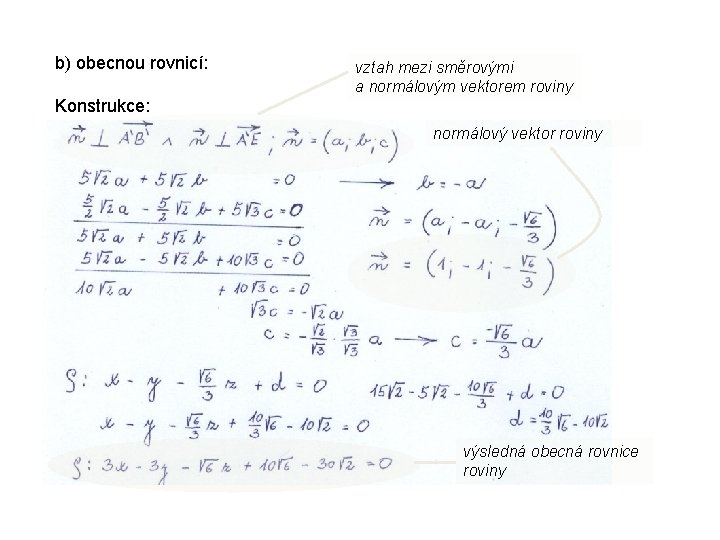 b) obecnou rovnicí: vztah mezi směrovými a normálovým vektorem roviny Konstrukce: normálový vektor roviny