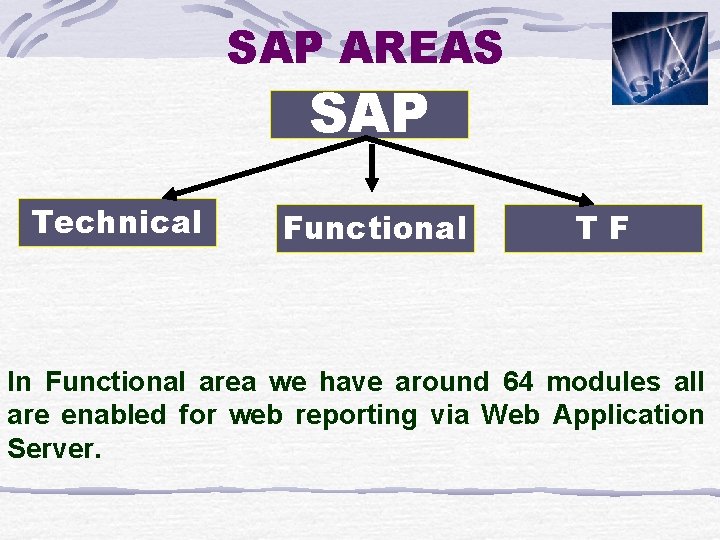 SAP AREAS SAP Technical Functional TF In Functional area we have around 64 modules