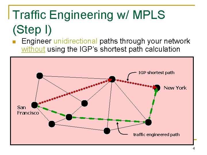 Traffic Engineering w/ MPLS (Step I) n Engineer unidirectional paths through your network without