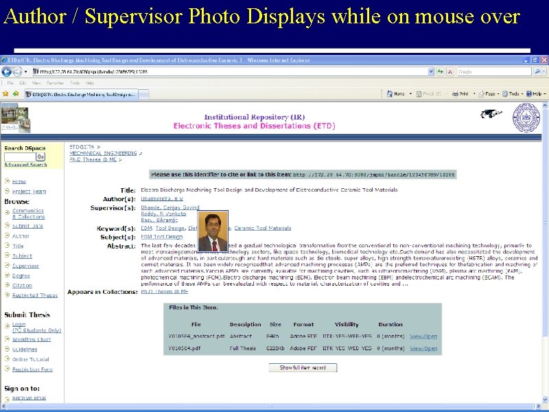 Author / Supervisor Photo Displays while on mouse over 