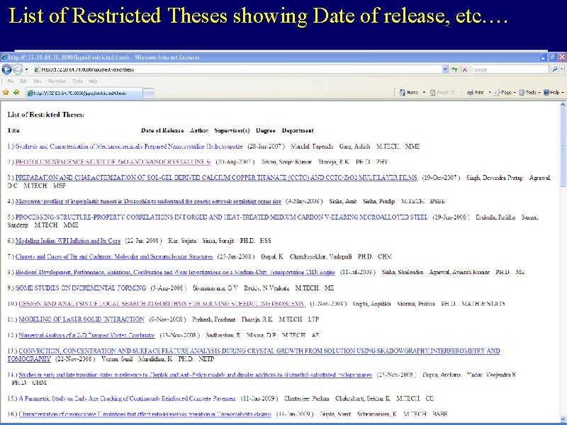 List of Restricted Theses showing Date of release, etc…. 