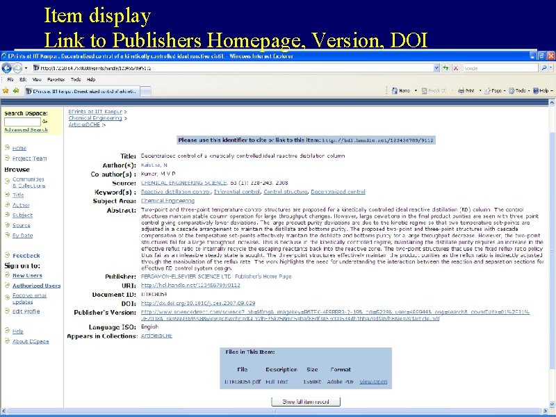 Item display Link to Publishers Homepage, Version, DOI 