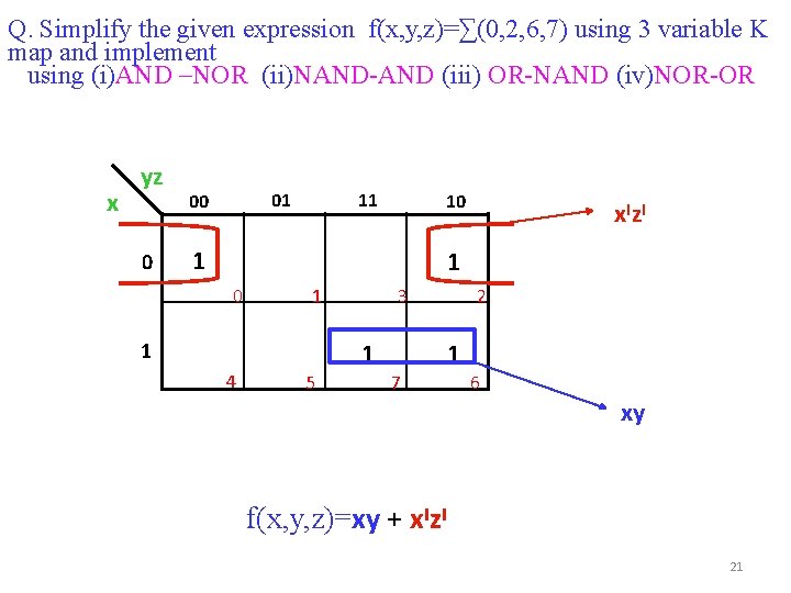 Q. Simplify the given expression f(x, y, z)=∑(0, 2, 6, 7) using 3 variable