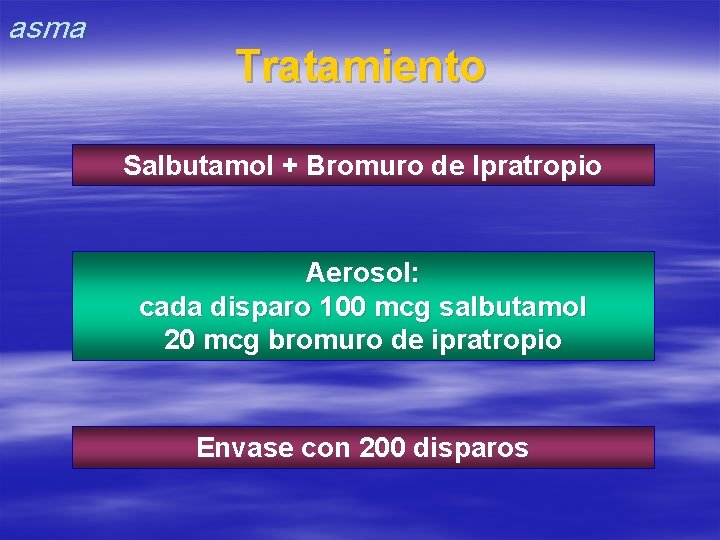 asma Tratamiento Salbutamol + Bromuro de Ipratropio Aerosol: cada disparo 100 mcg salbutamol 20