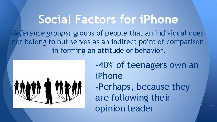 Social Factors for i. Phone Reference groups: groups of people that an individual does